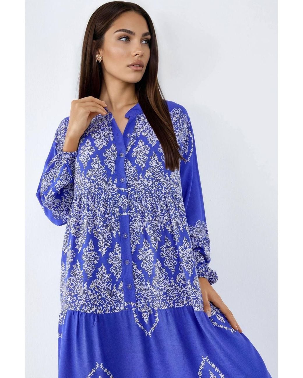 Hiccup Blue V-Neck Patterned Maxi Dress With Button Closure