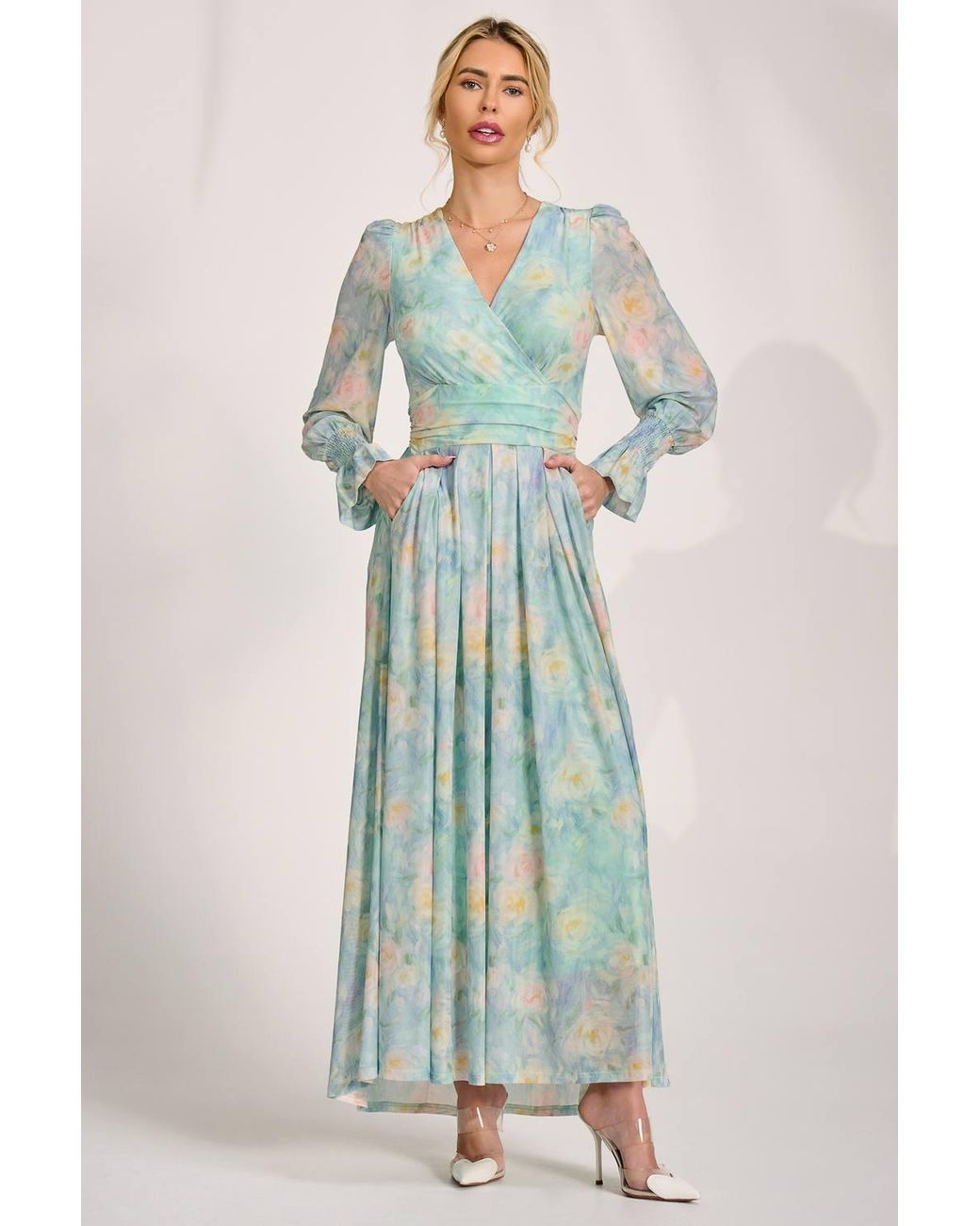 Jolie Moi Blue Long Sleeve V Neck Mesh Maxi Dress