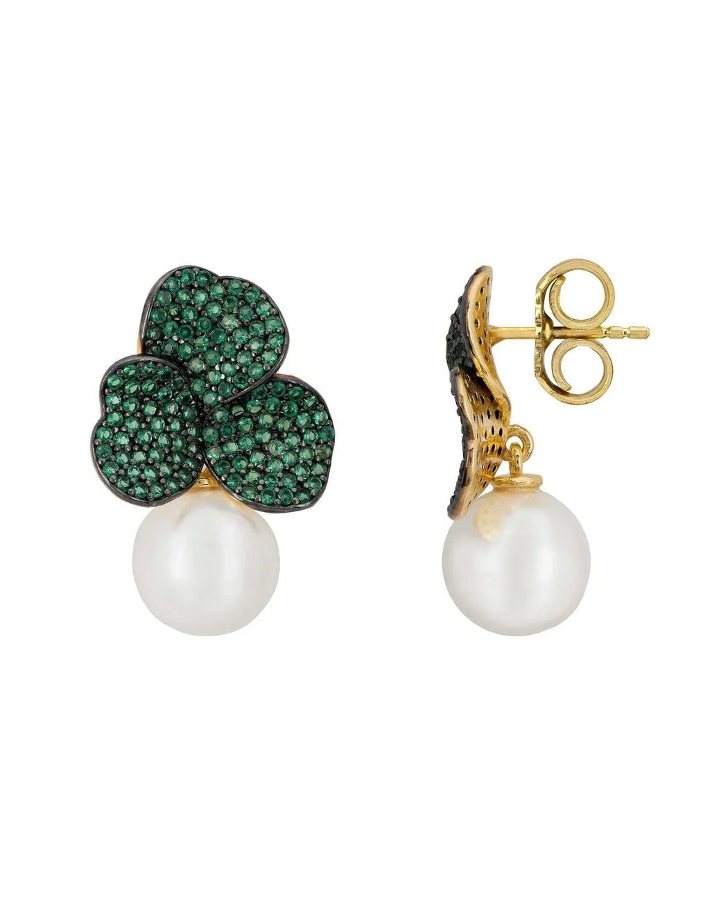 Latelita London Green Iris Flower & Pearl Dangle Earrings Emerald