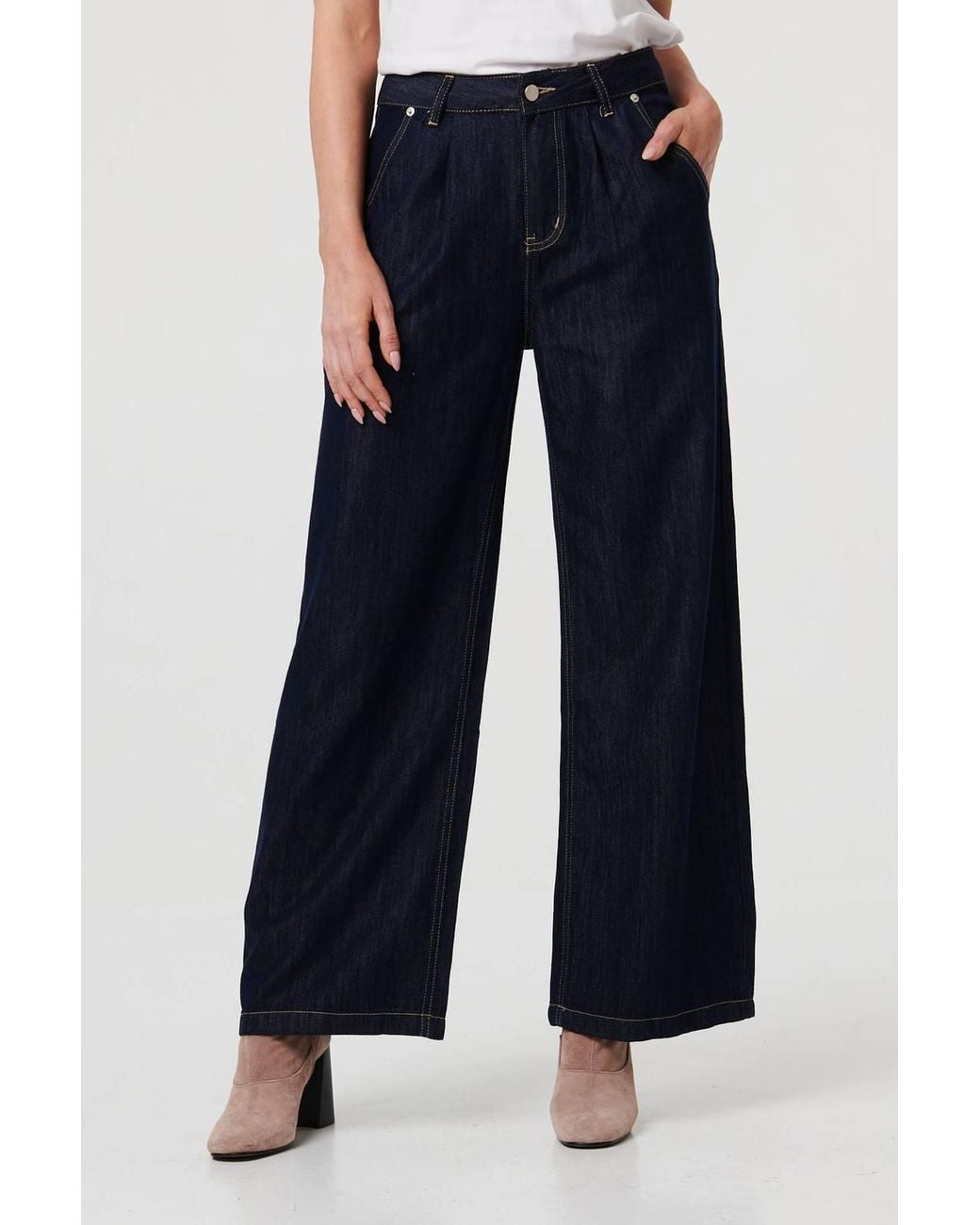 Izabel London Blue High Waist Pleat Front Wide Leg Jeans
