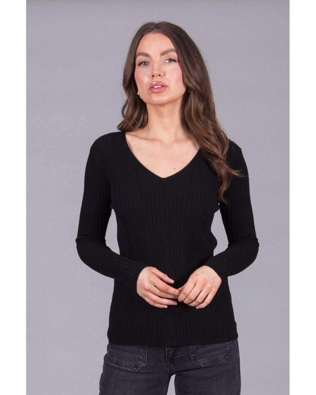 Solo Black Ribbed V-Neck Jumper