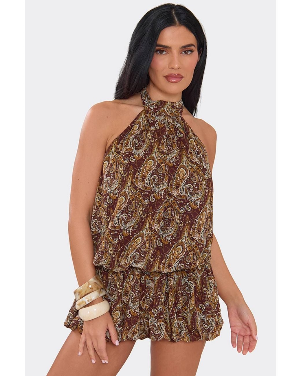 EGO Brown Sleeveless High Neck Paisley Playsuit