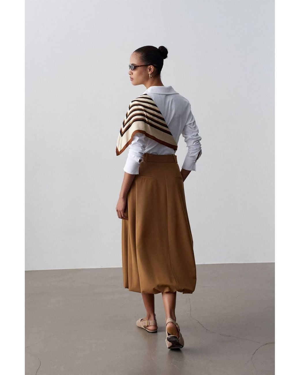 Dilvin Natural High-Waist Belted Midi Balloon Skirt