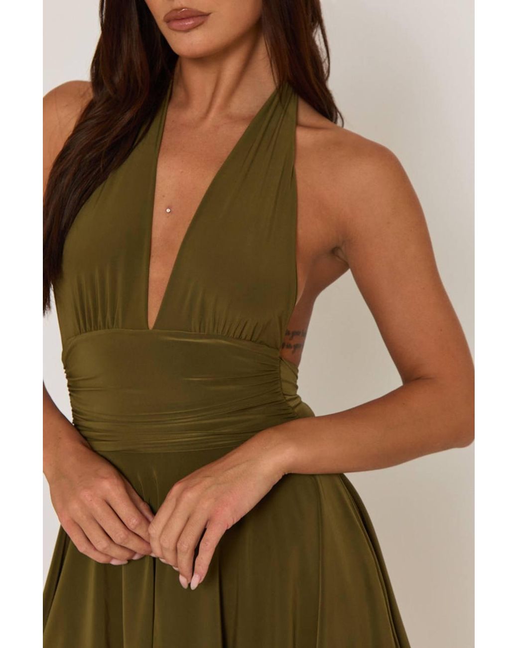 Rebellious Fashion Green Pippa Halter Plunge Neck Mini Dress