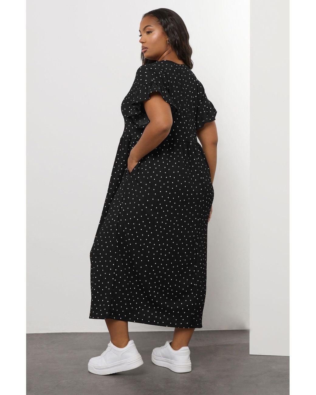 Yours Black Polka Dot Frill Sleeve Midi Dress