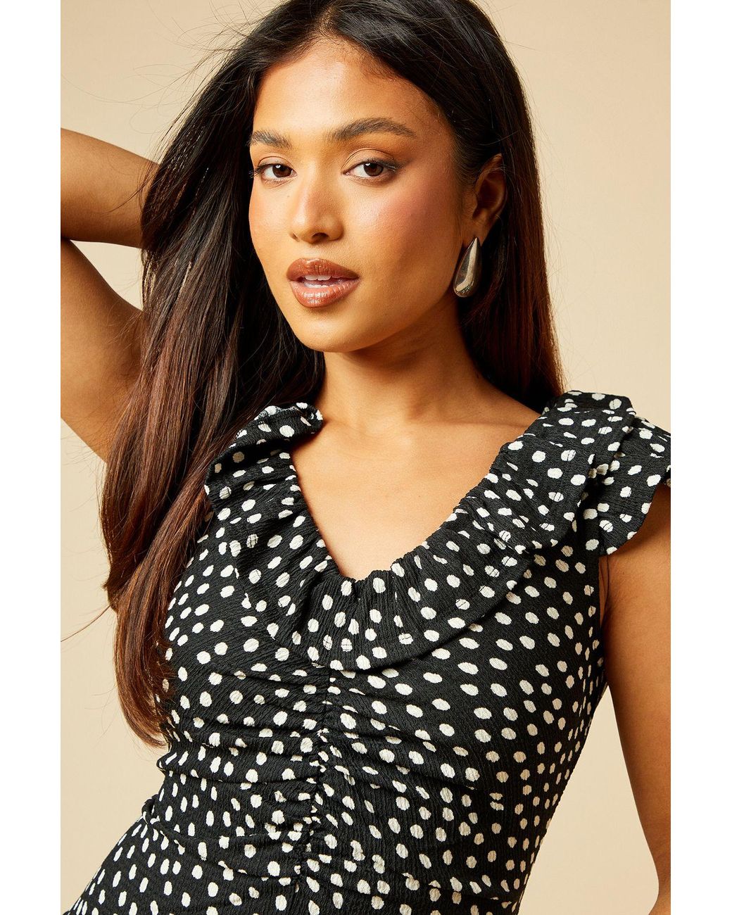 Dorothy Perkins Blue Petite Frill Neck Ruched Front Jersey Midi Dress