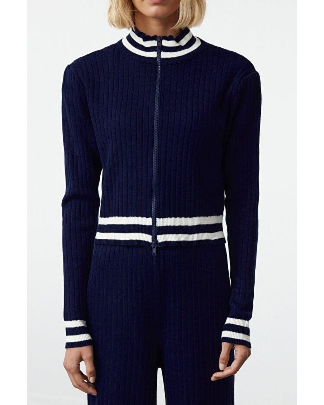 WOVCOR Blue 2-Piece Set Zip-Up Knit Cardigan & Wide Leg Pants