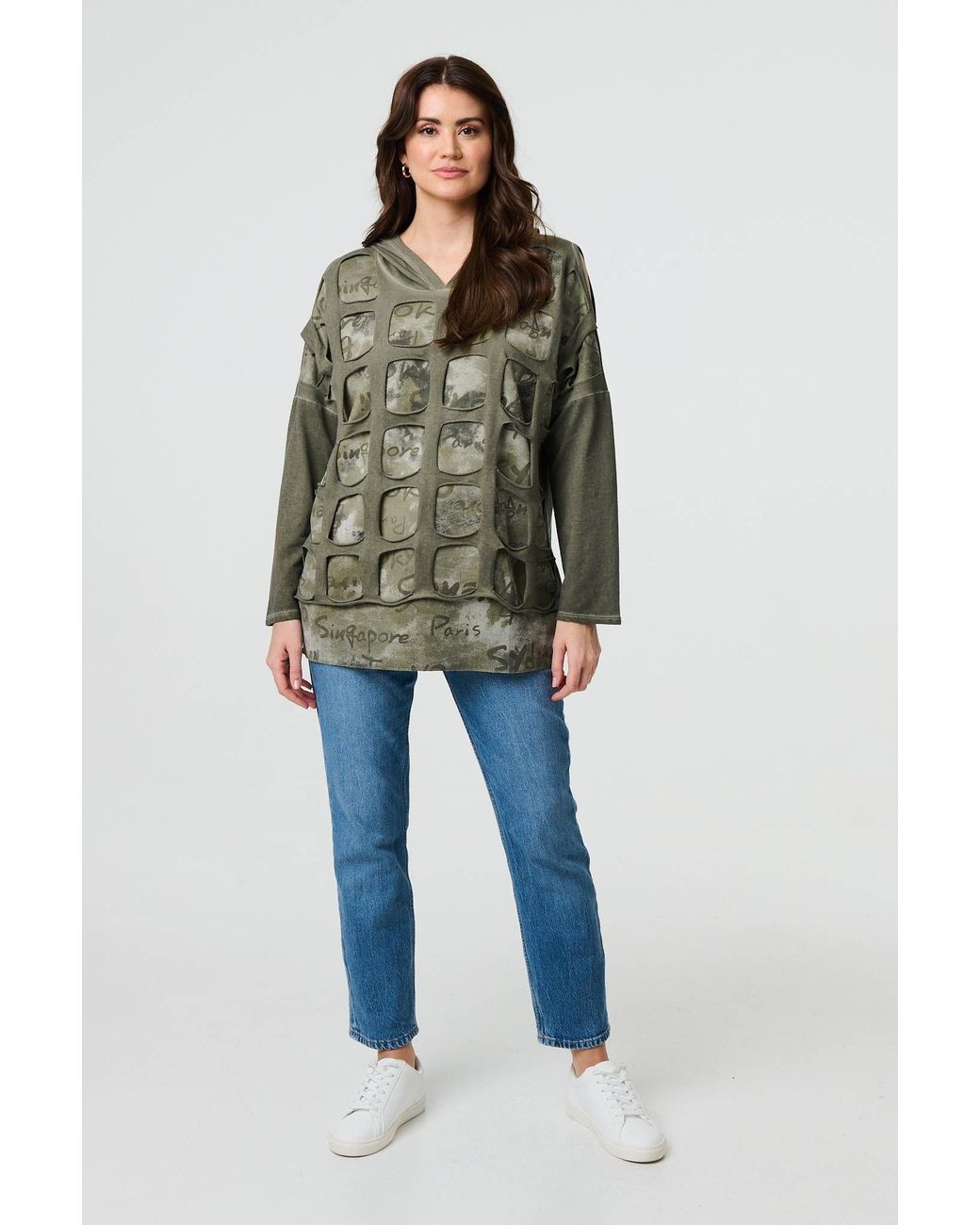Izabel London Green Graphic Print Cut Out Layer Hoodie