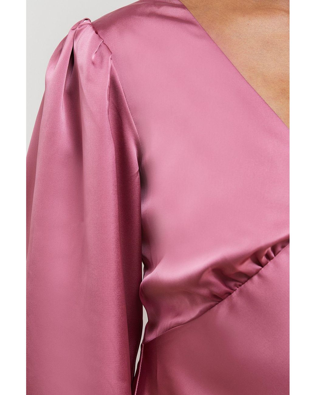 Oasis Pink Satin V Neck Balloon Sleeve Bias Midi Dress