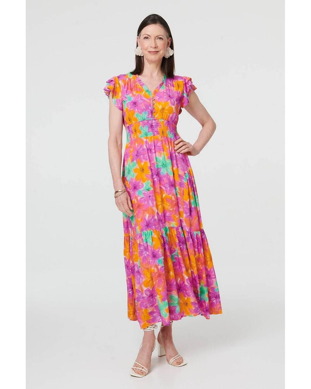 Izabel London Red Floral V-Neck Cap Sleeve Maxi Dress