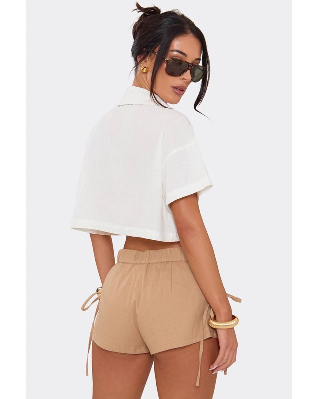 EGO White Ruched Woven Mid Rise Shorts