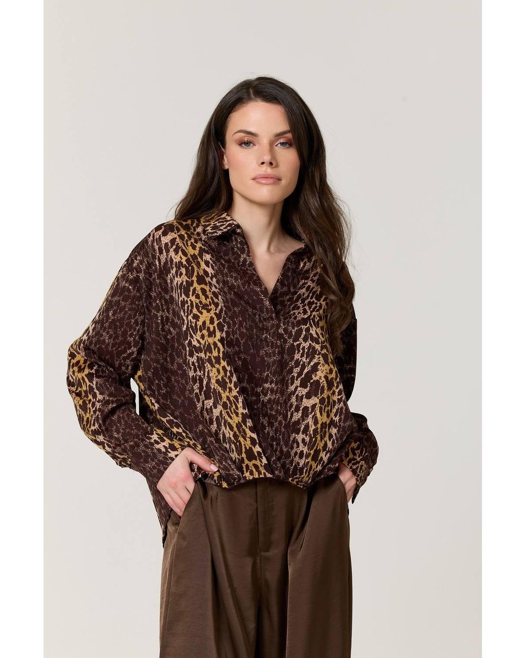 Liquorish Brown Mixed Animal Print Satin Shirt