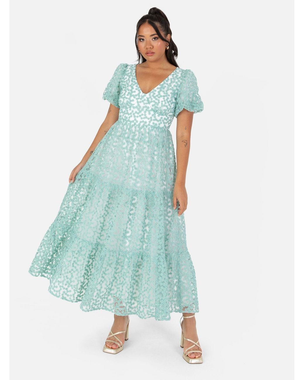 Maya Deluxe Blue Embroidered Open Back Midi Dress
