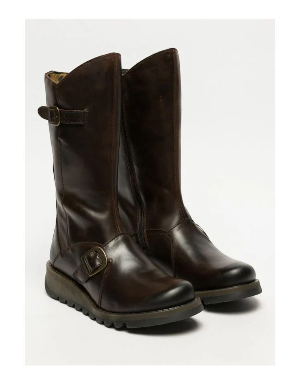 Infinity Leather Black Fly London Mes 2 Wedge Heel Buckle Mid-Calf Leather Zip Platform Boots