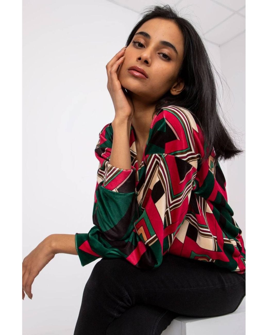Love Lace Red Stretch Velvet Long Sleeve Blouse