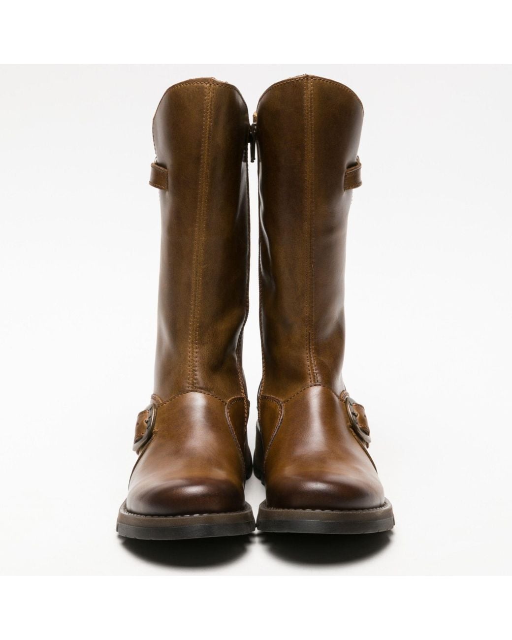 TruClothing Brown Wedge Heel Buckle Mid Calf Leather Boots
