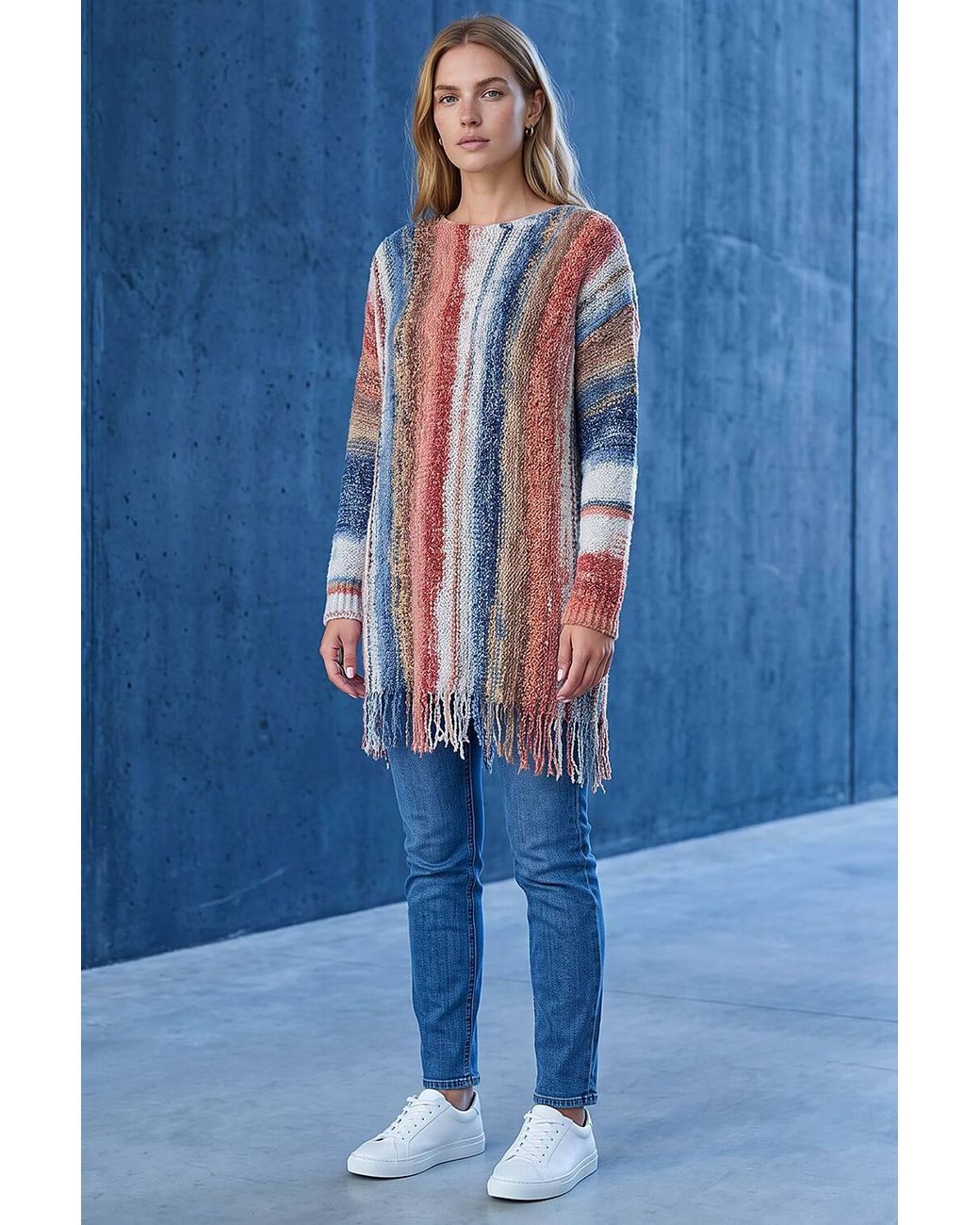 Roman Blue Boucle Fringe Knit Jumper