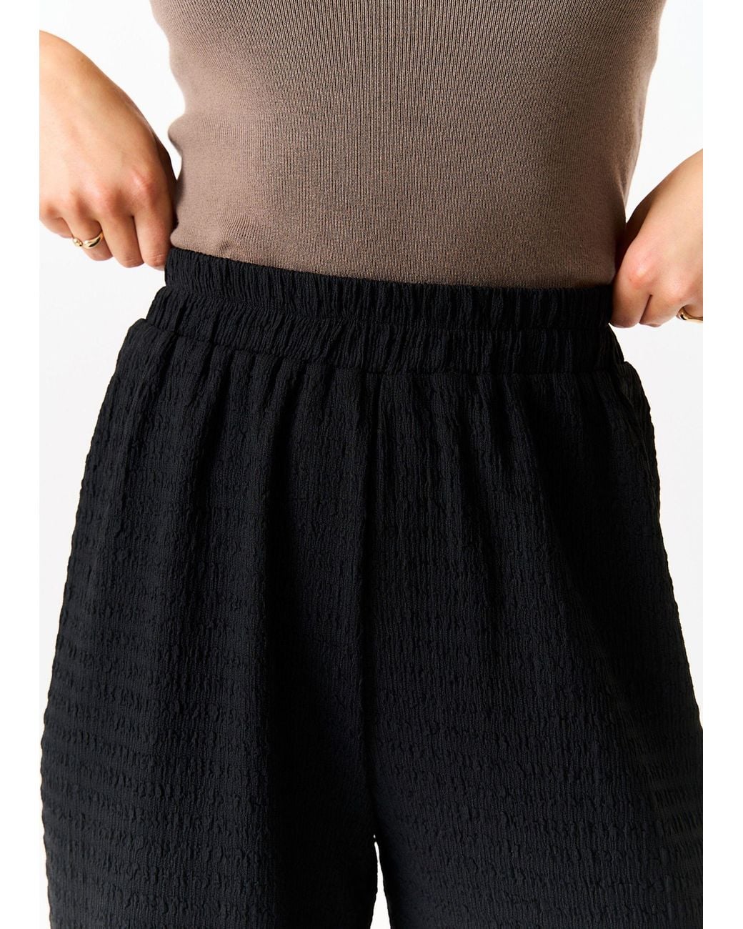 Gini London Black Textured Elastic Waist Pull On Trousers