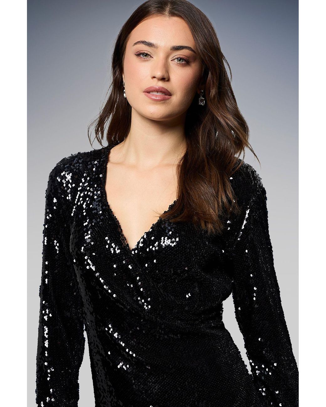 Dorothy Perkins Black Sequin Long Sleeve Ruched Wrap Mini Dress
