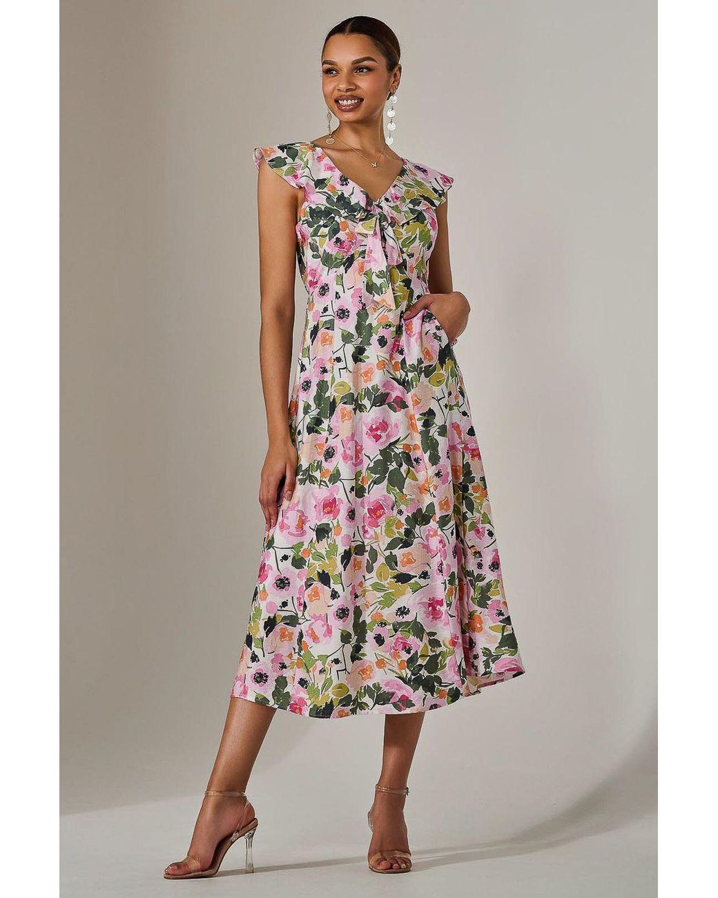 Jolie Moi Multicolor Frill V Neck Midaxi Dress