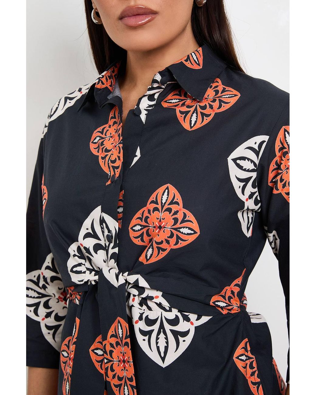 PRINCIPLES Red Tile Print Tie Front Midi Shirt Dress