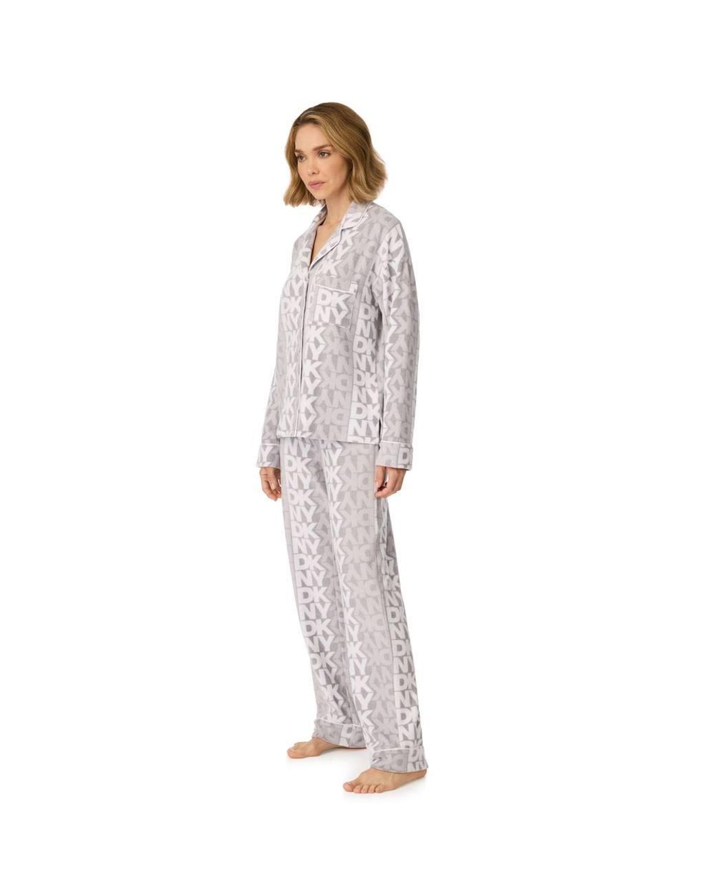 DKNY Gray Long Sleeve Notch Top & Pant Sleep Set