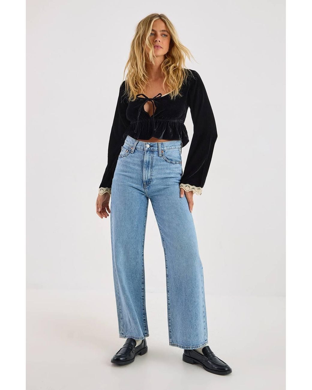 Nasty Gal Blue Velvet Lace Trim Tie Front Long Sleeve Top