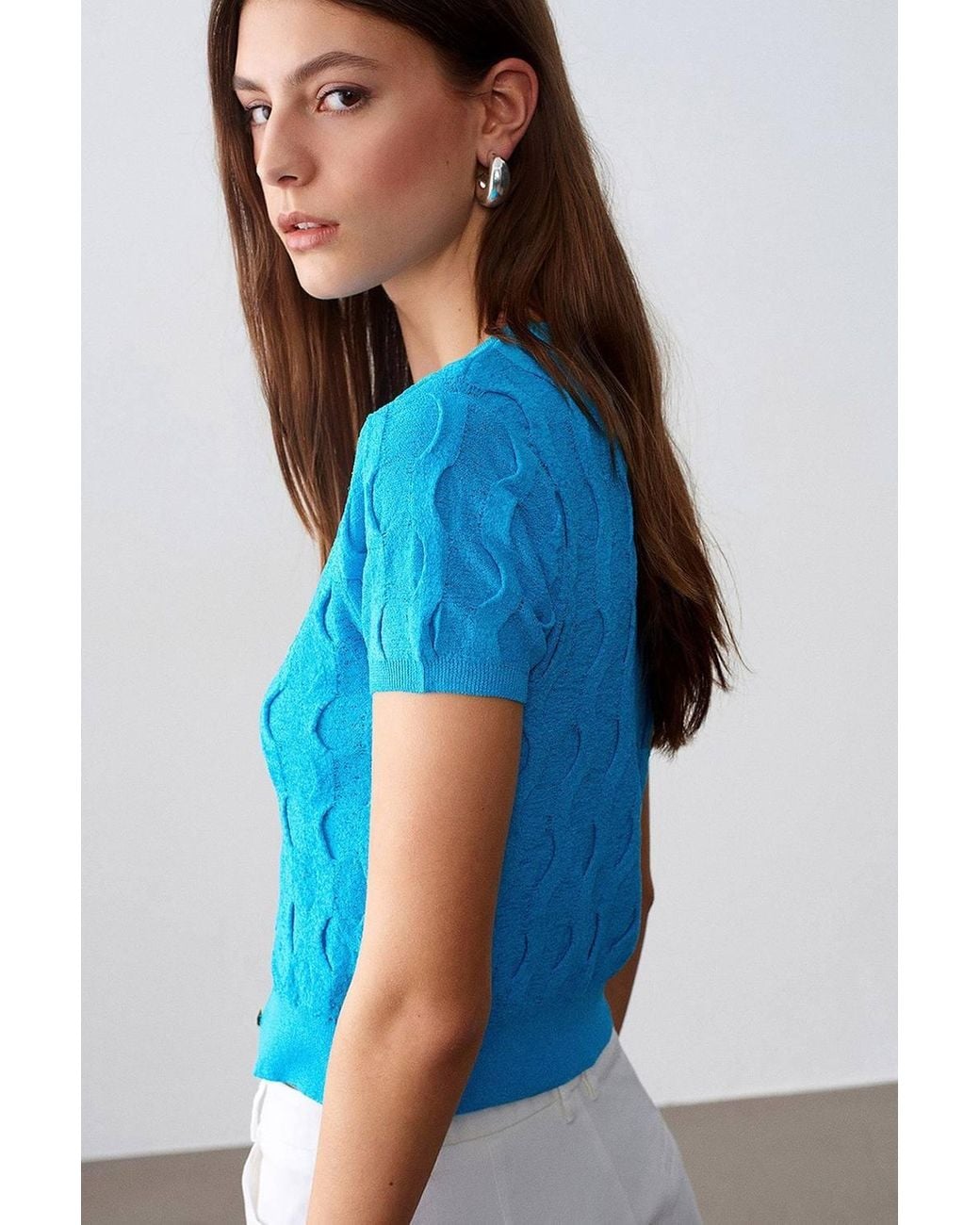 Dilvin Blue Cropped Jacquard Button Cardigan