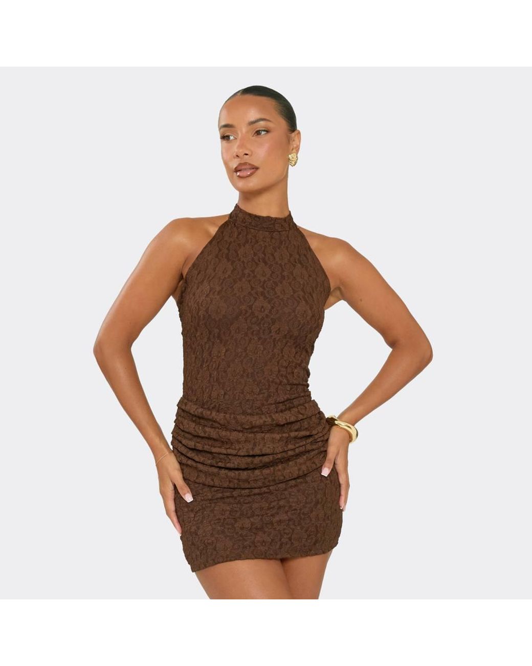EGO Brown Sleeveless Drape Panel Lace Mini Dress