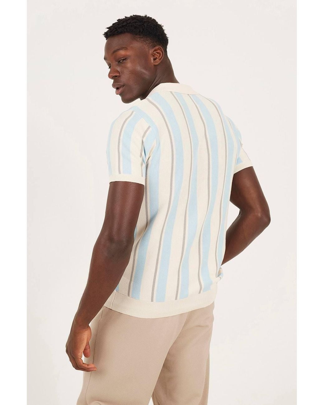 Brave Soul Natural Striped Trophy Neck Knitted Polo Shirt for men