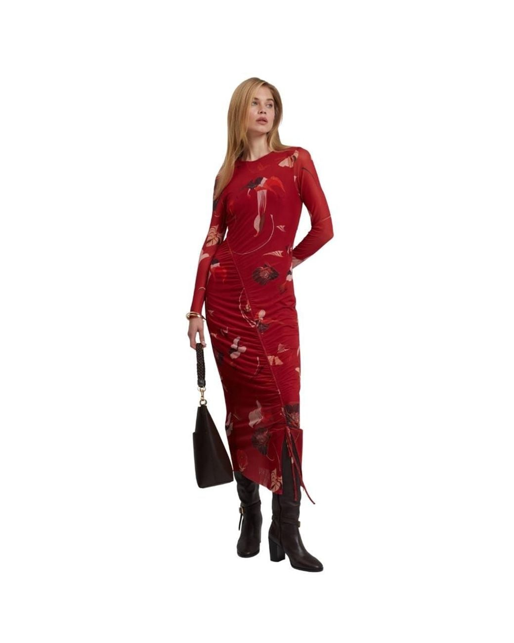 Ted Baker Red Jazzy Long Sleeve Crew Neck Regular Fit Midi Dress