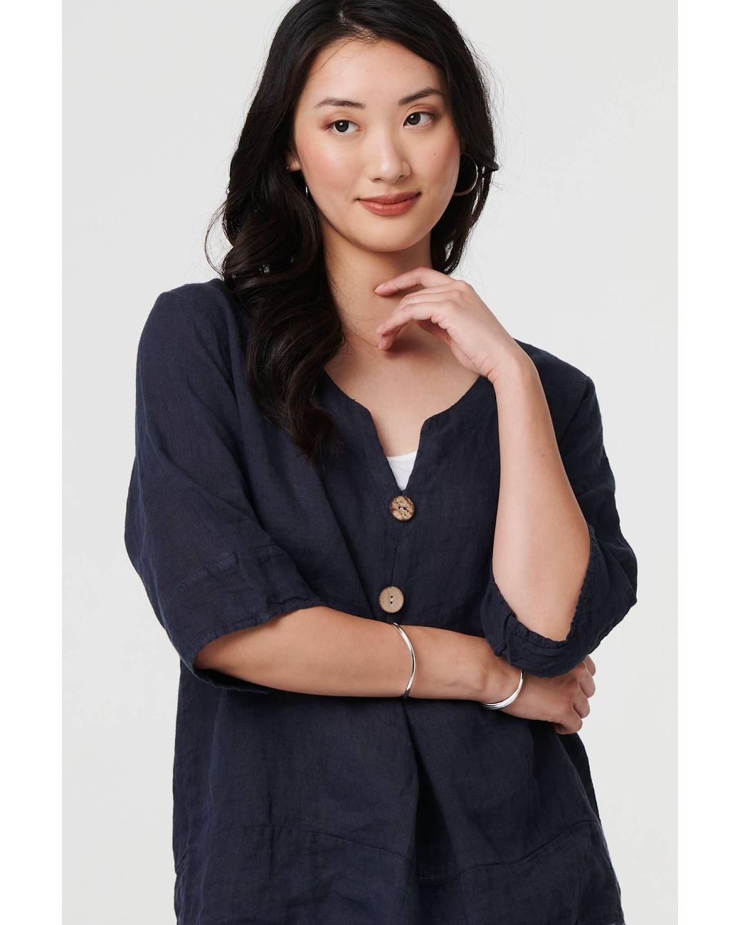 Izabel London Blue Button Detail 3/4 Sleeve Relaxed Blouse