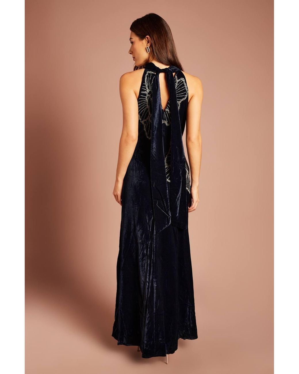 Coast Black Velvet Halter Neck Embellished Floral Maxi Dress