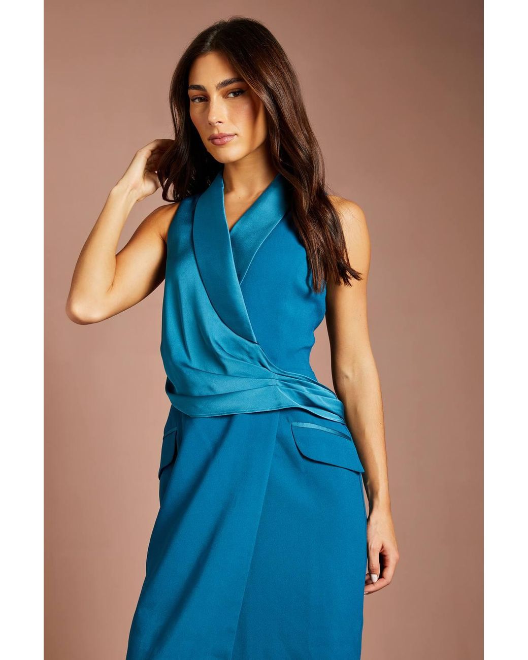 Coast Blue Sleeveless Crepe Satin Wrap Midi Dress