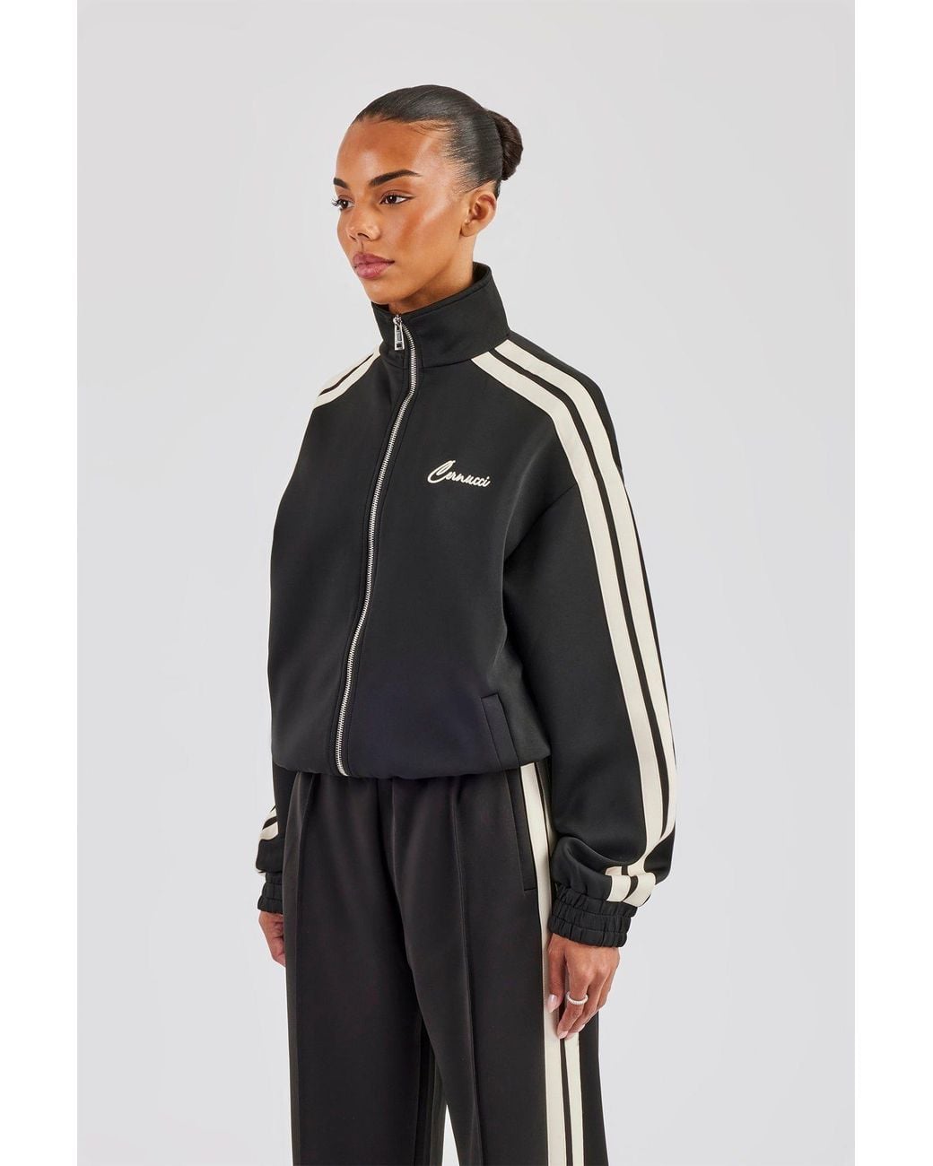 CERNUCCI Black Funnel Neck Taping Zip Through Track Jacket