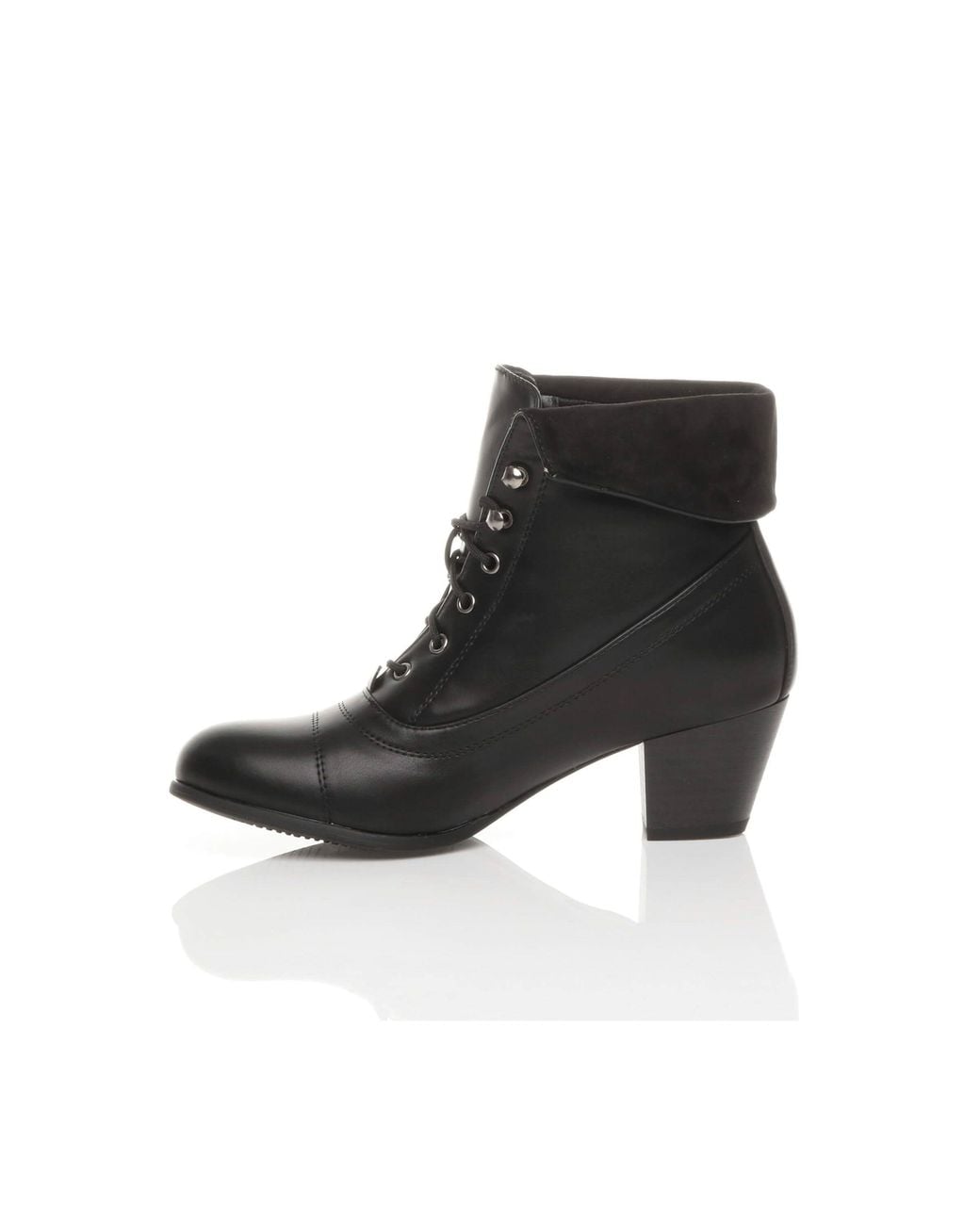 AJVANI Black Mid Cuban Heel Pixie Lace Up Granny Ankle Boots