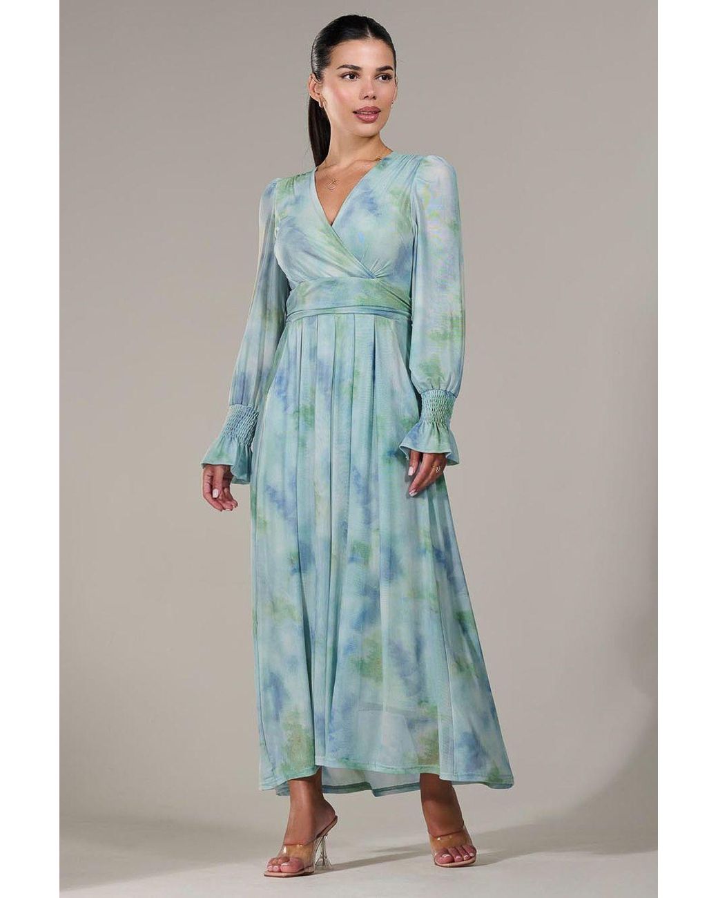 Jolie Moi Blue Petite Long Sleeve Mesh Maxi Dress