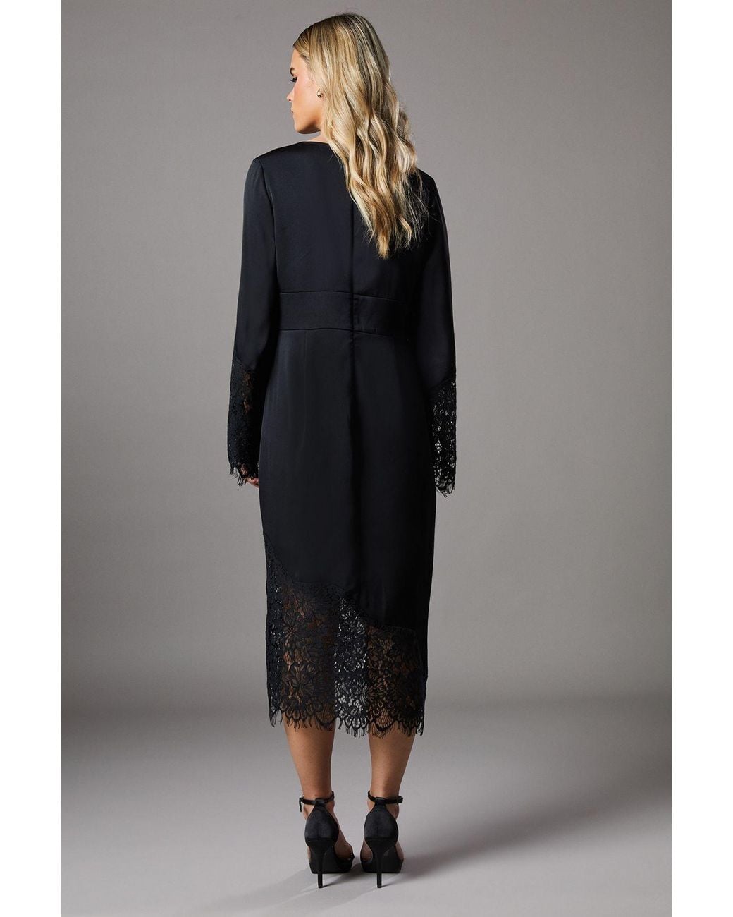 Coast Black Petite Lace Panelled Satin Wrap Midi Dress