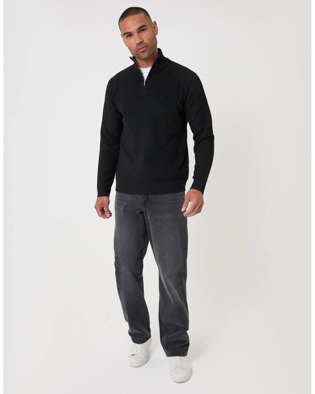 Threadbare Black Funnel Neck Quarter Zip Jumper for men