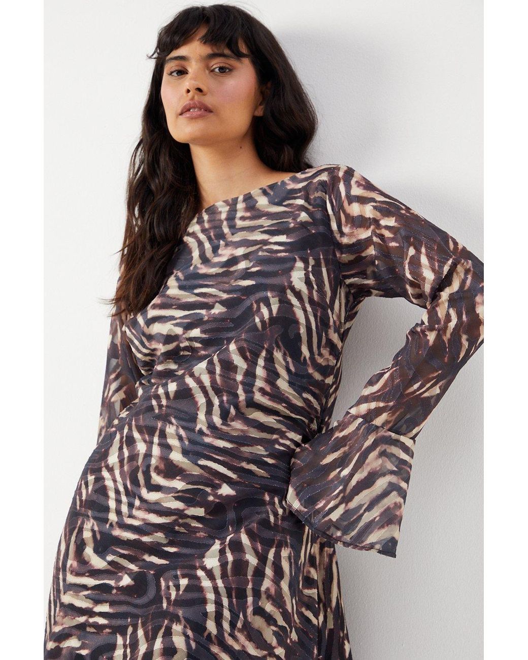Warehouse Brown Zebra Burnout Chiffon Bias Tie Back Mini Dress