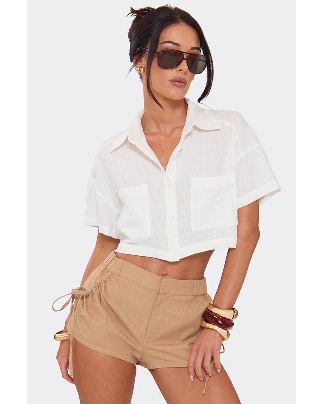 EGO White Ruched Woven Mid Rise Shorts