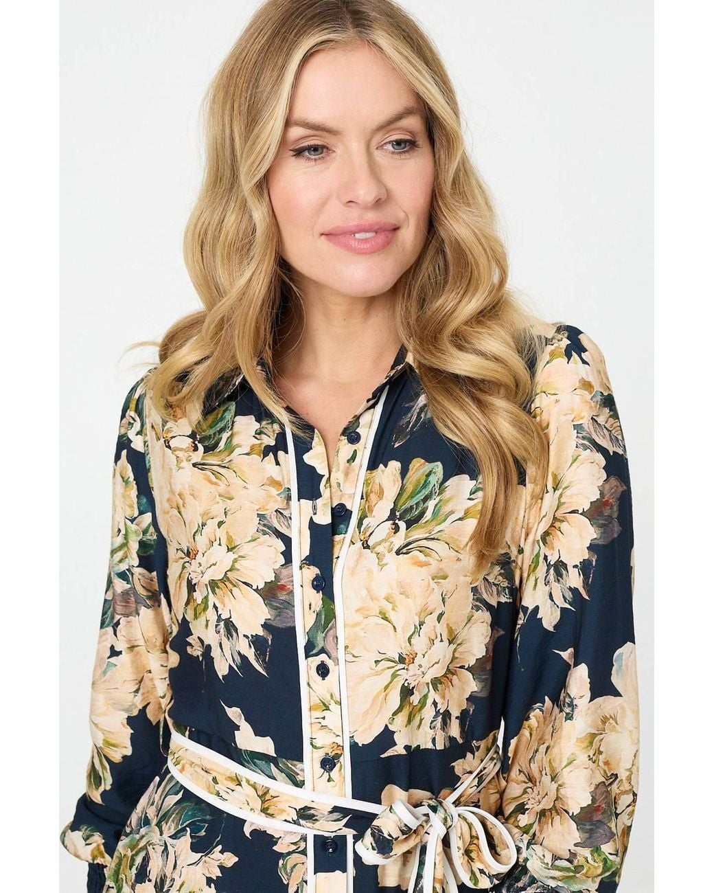 Izabel London White Floral Print Tie Waist Midi Shirt Dress