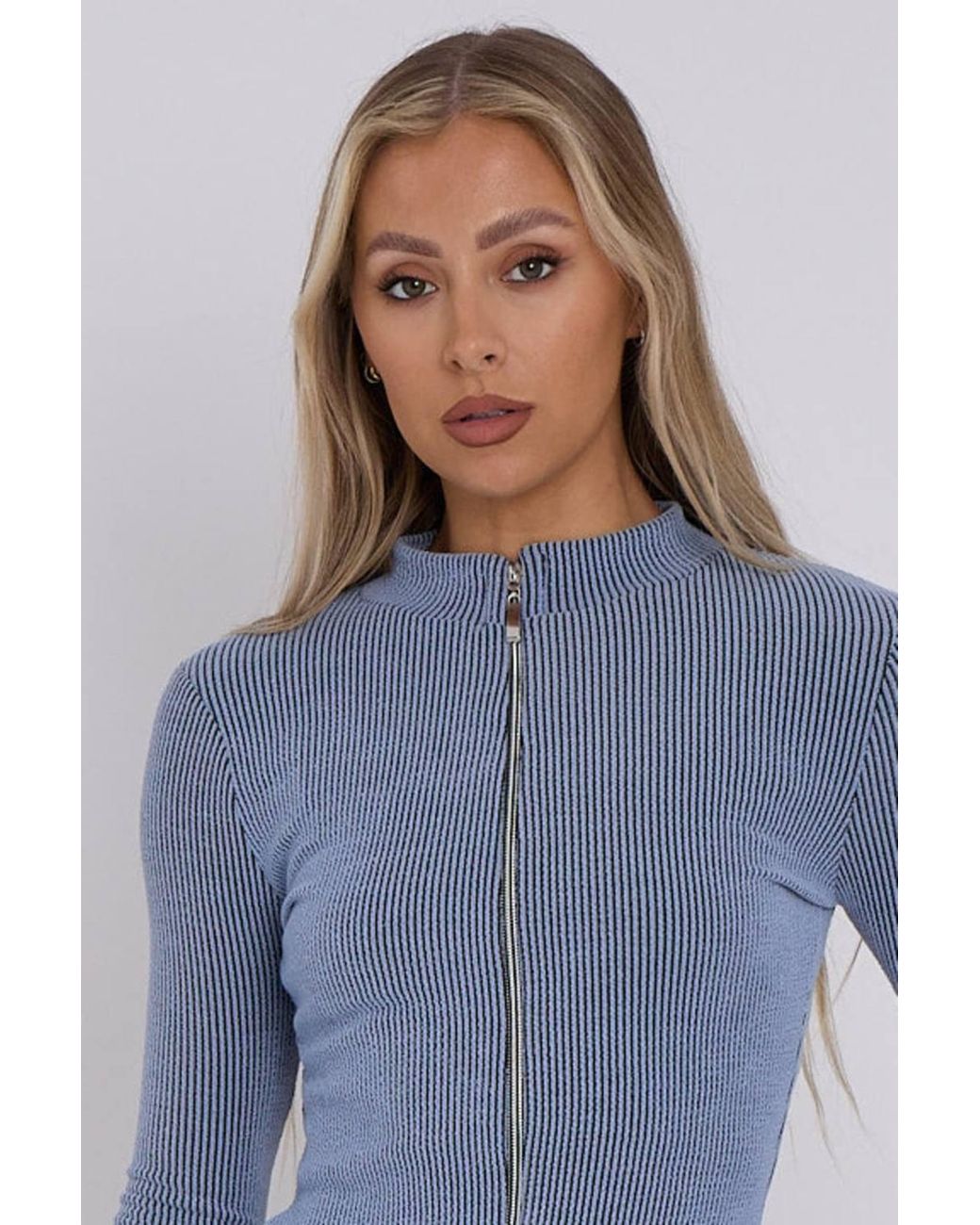 Stylewise Blue Ribbed High Neck Zip Up