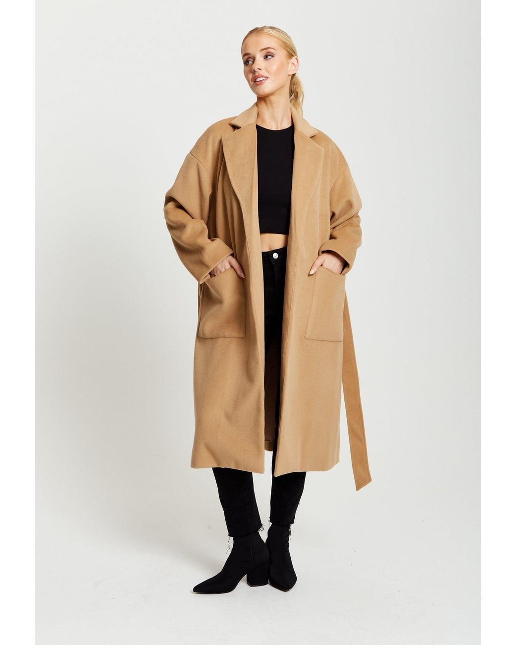 Liquorish Natural Belted Longline Coat