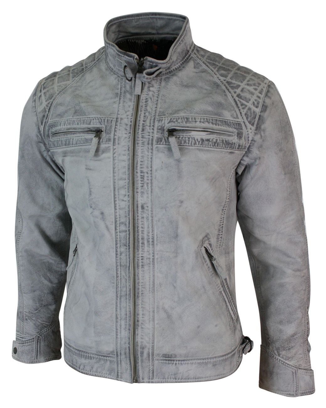 TruClothing Gray Zipped Soft Leather Short Biker Jacket for men