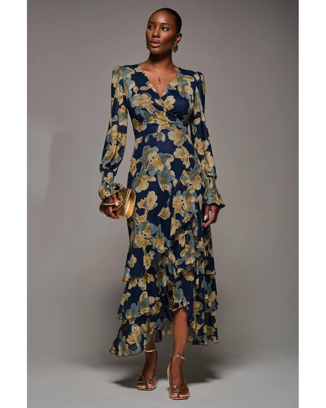 Jolie Moi Gray Long Sleeve Ruffle Hem Mesh Maxi Dress