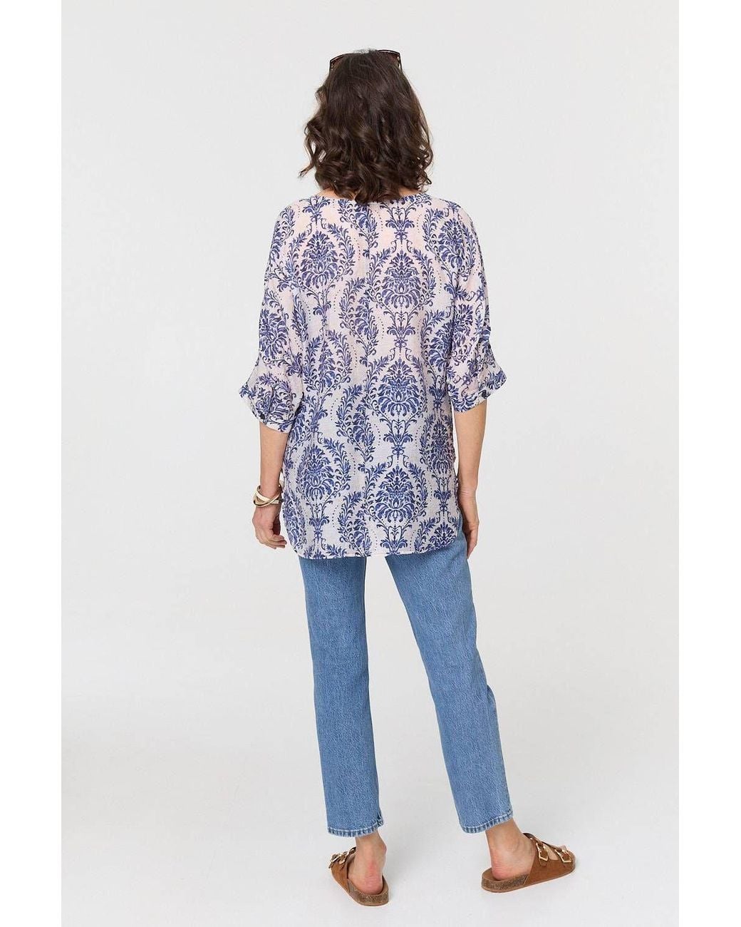 Izabel London Blue Baroque Print 3/4 Sleeve Relaxed Blouse