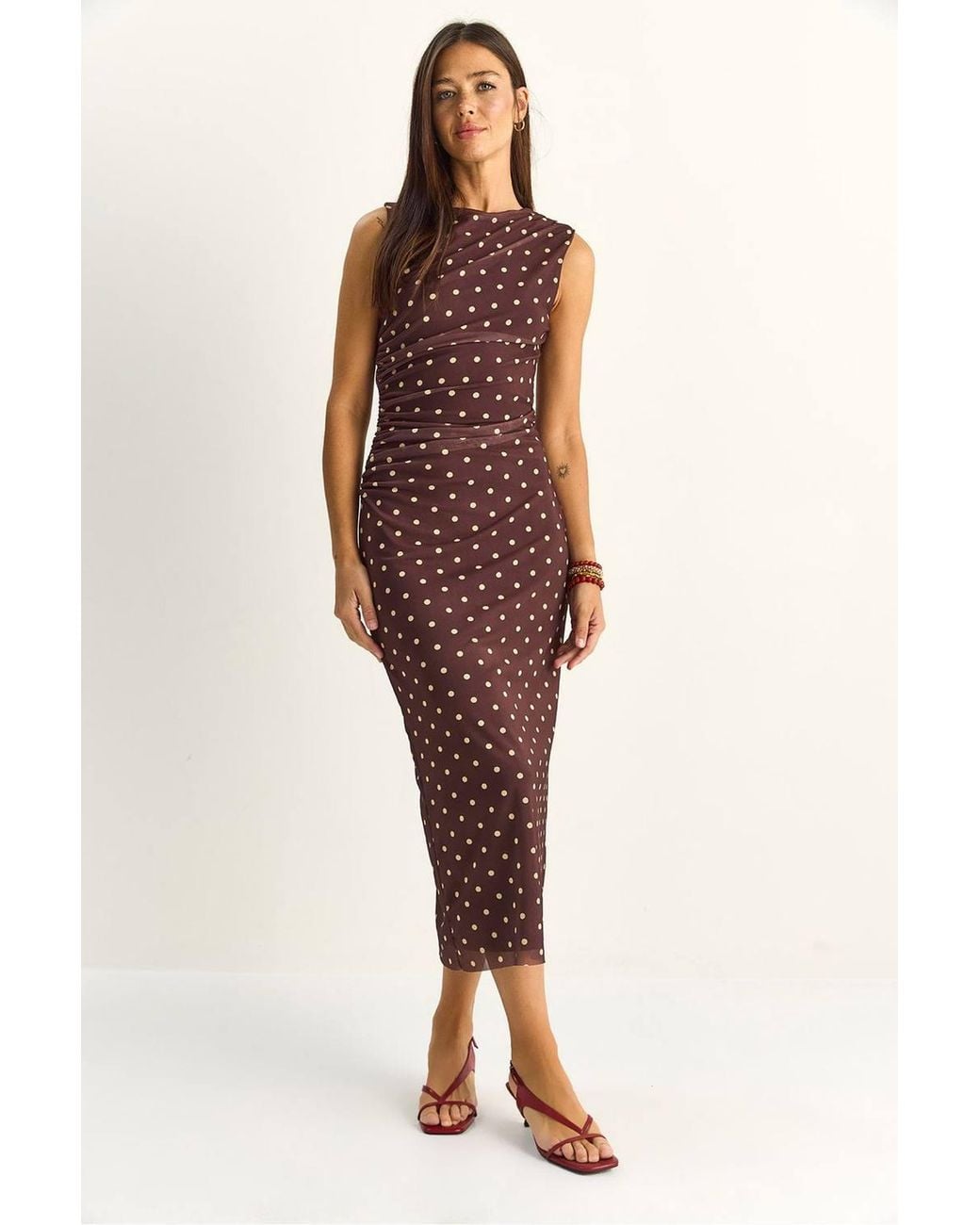 Bianco Lucci Brown Polka Dot Bodycon Midi Dress