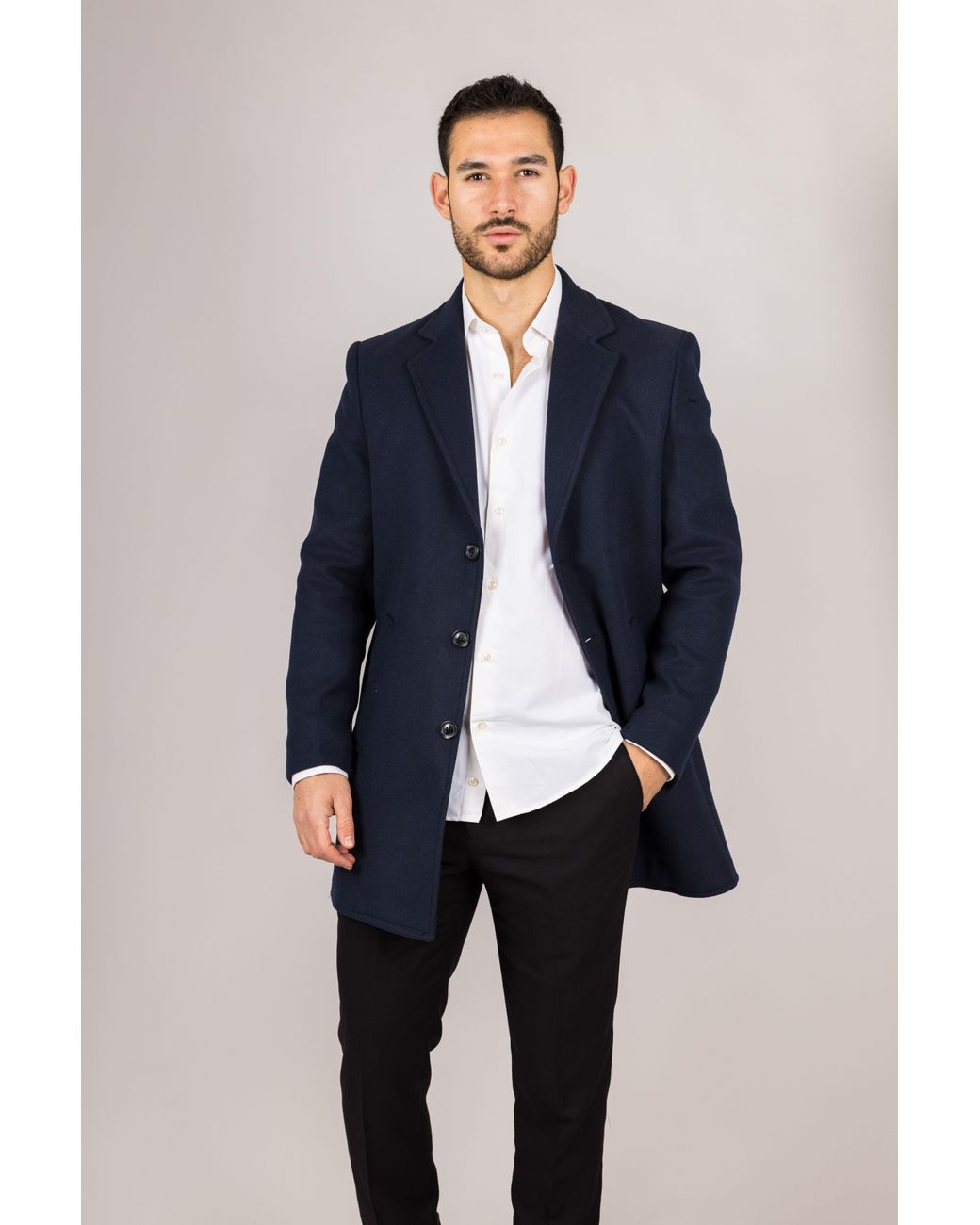 Infinity Leather Blue Notched Lapel Collar Wool Blend Overcoat for men