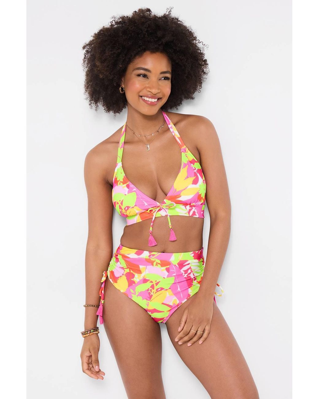 Joe Browns Pink Halter Neck Bikini Top With Tropical Leaf Print & Tassel Tie